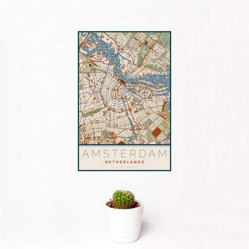 12x18 Amsterdam Netherlands Map Print Portrait Orientation in Woodblock Style With Small Cactus Plant in White Planter