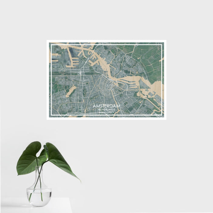 16x24 Amsterdam Netherlands Map Print Landscape Orientation in Afternoon Style With Tropical Plant Leaves in Water