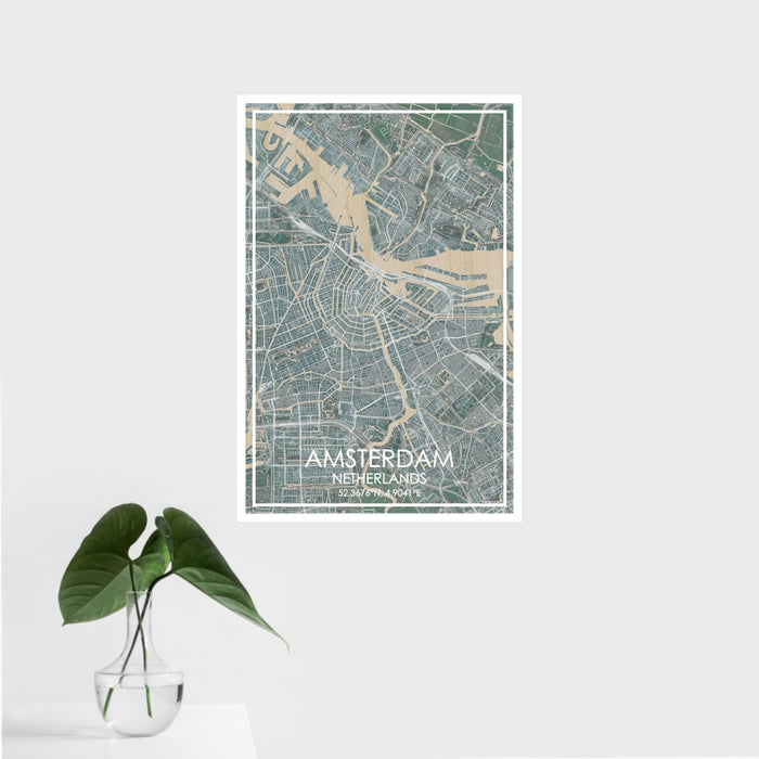 16x24 Amsterdam Netherlands Map Print Portrait Orientation in Afternoon Style With Tropical Plant Leaves in Water