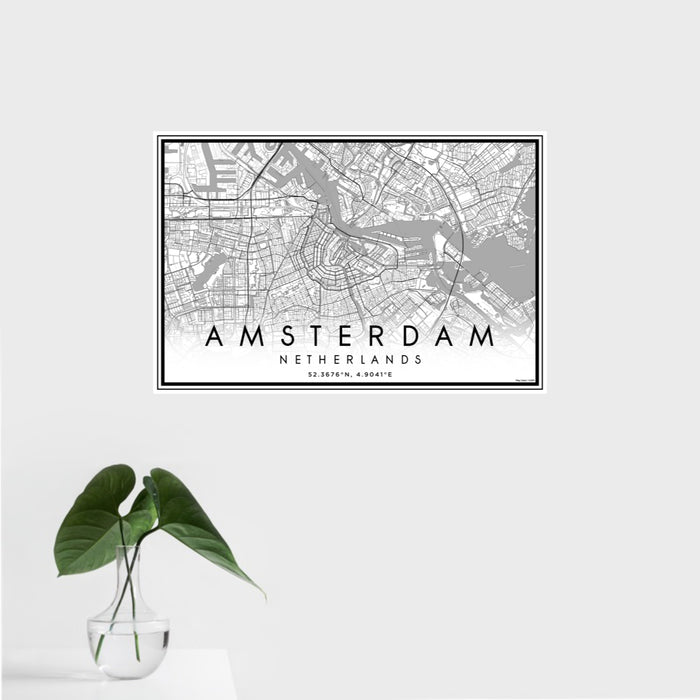 16x24 Amsterdam Netherlands Map Print Landscape Orientation in Classic Style With Tropical Plant Leaves in Water