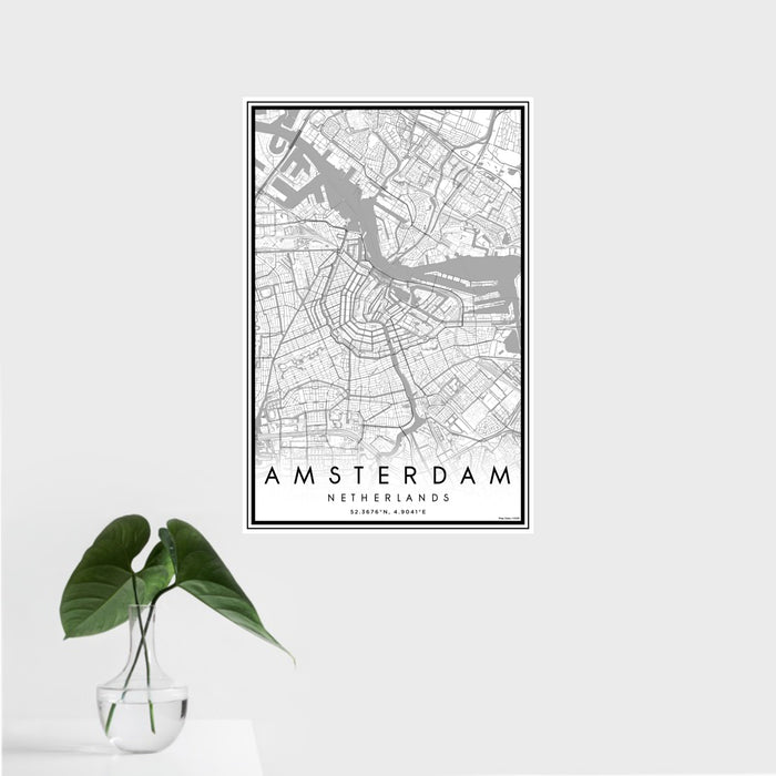 16x24 Amsterdam Netherlands Map Print Portrait Orientation in Classic Style With Tropical Plant Leaves in Water