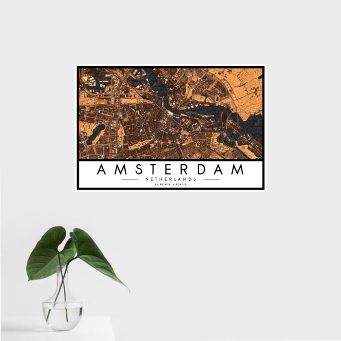 16x24 Amsterdam Netherlands Map Print Landscape Orientation in Ember Style With Tropical Plant Leaves in Water