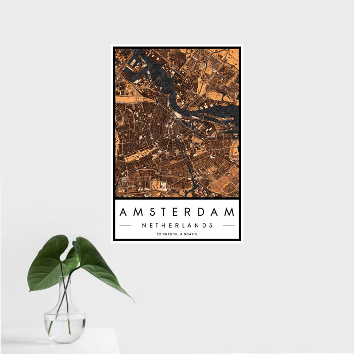 16x24 Amsterdam Netherlands Map Print Portrait Orientation in Ember Style With Tropical Plant Leaves in Water