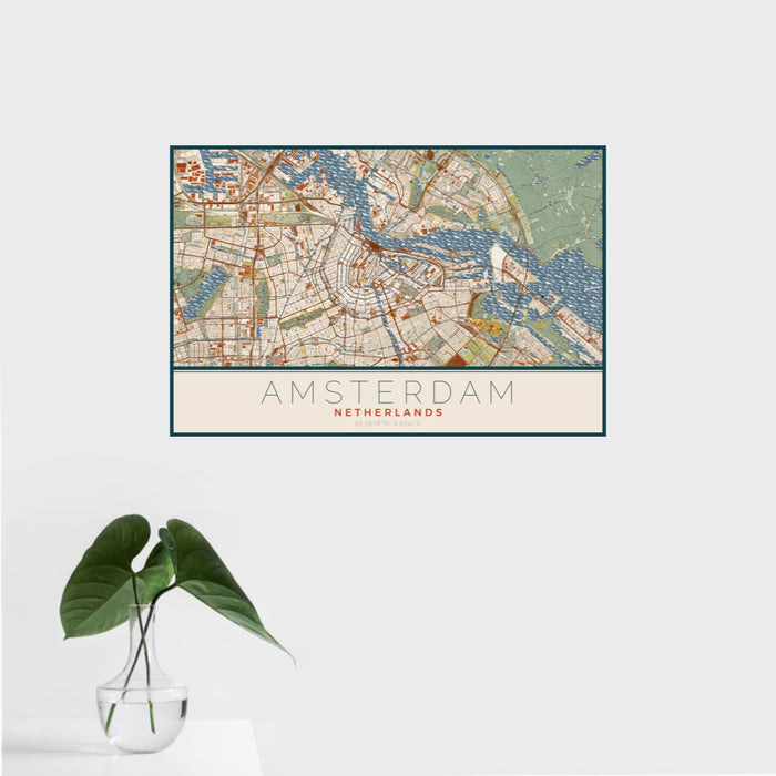 16x24 Amsterdam Netherlands Map Print Landscape Orientation in Woodblock Style With Tropical Plant Leaves in Water