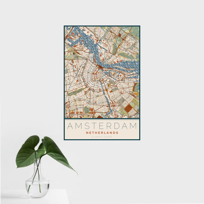 16x24 Amsterdam Netherlands Map Print Portrait Orientation in Woodblock Style With Tropical Plant Leaves in Water