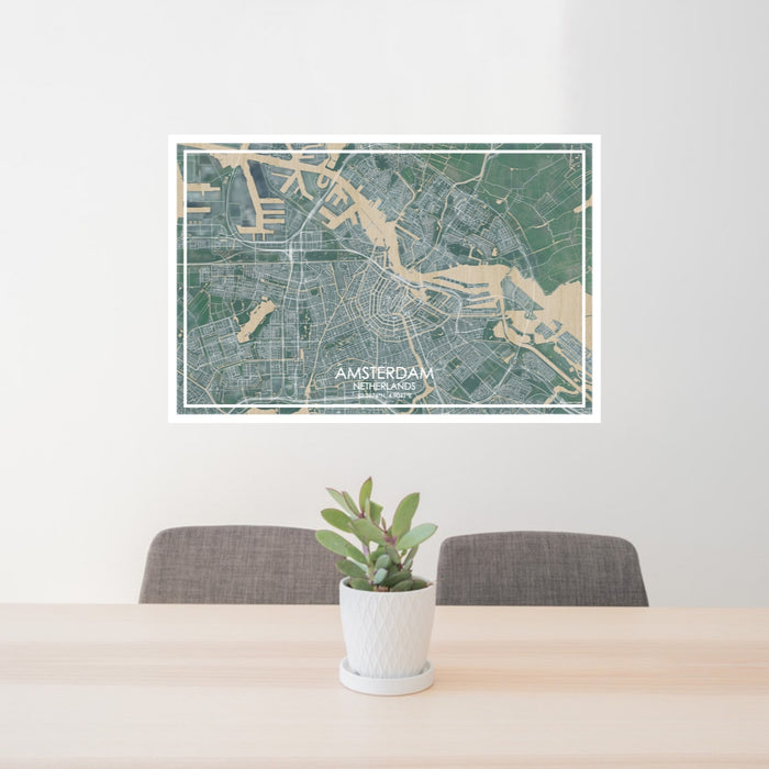 24x36 Amsterdam Netherlands Map Print Lanscape Orientation in Afternoon Style Behind 2 Chairs Table and Potted Plant