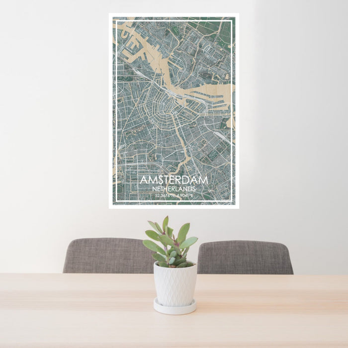 24x36 Amsterdam Netherlands Map Print Portrait Orientation in Afternoon Style Behind 2 Chairs Table and Potted Plant
