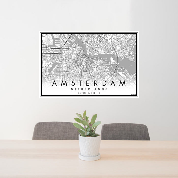 24x36 Amsterdam Netherlands Map Print Lanscape Orientation in Classic Style Behind 2 Chairs Table and Potted Plant