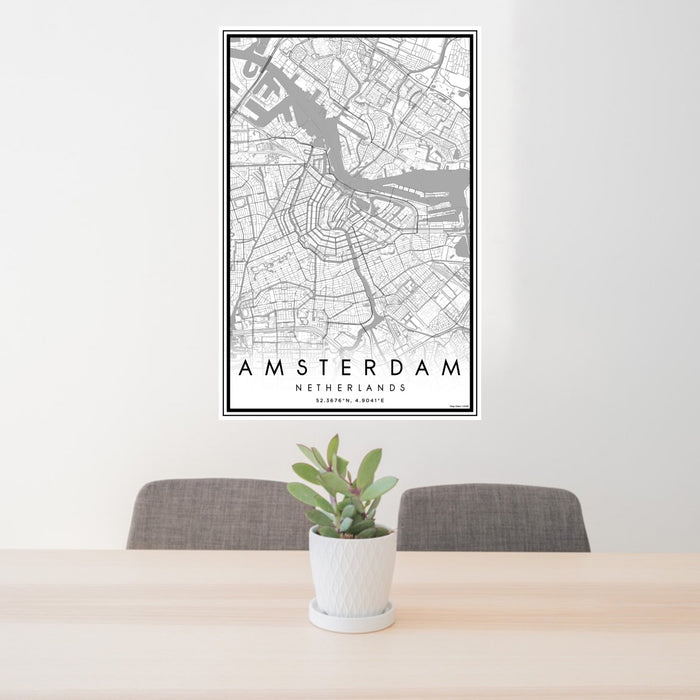 24x36 Amsterdam Netherlands Map Print Portrait Orientation in Classic Style Behind 2 Chairs Table and Potted Plant