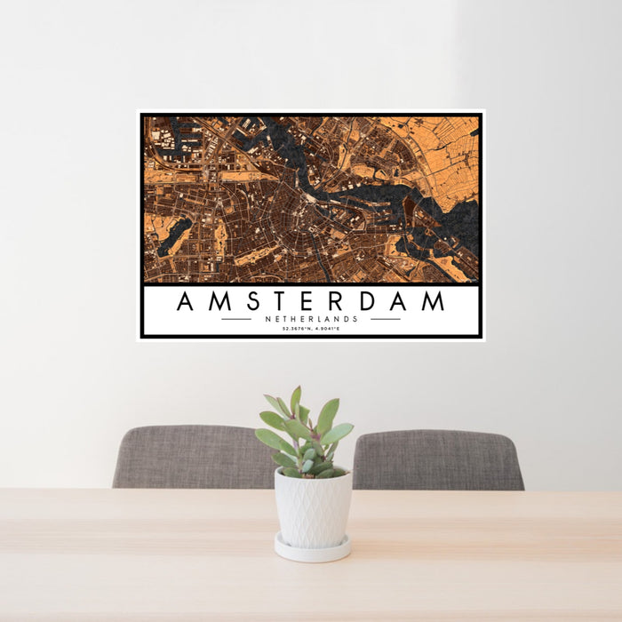 24x36 Amsterdam Netherlands Map Print Lanscape Orientation in Ember Style Behind 2 Chairs Table and Potted Plant