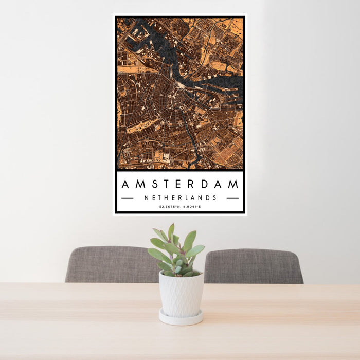 24x36 Amsterdam Netherlands Map Print Portrait Orientation in Ember Style Behind 2 Chairs Table and Potted Plant