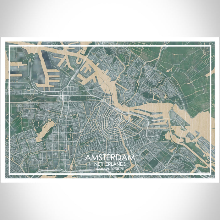Amsterdam Netherlands Map Print Landscape Orientation in Afternoon Style With Shaded Background