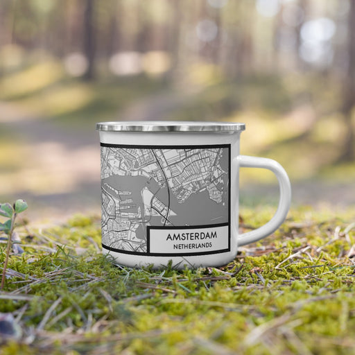 Right View Custom Amsterdam Netherlands Map Enamel Mug in Classic on Grass With Trees in Background