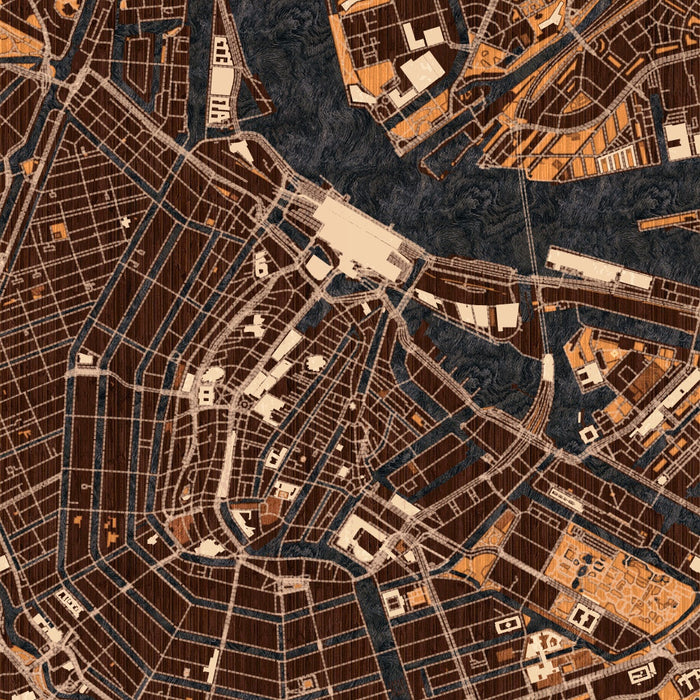 Amsterdam Netherlands Map Print in Ember Style Zoomed In Close Up Showing Details