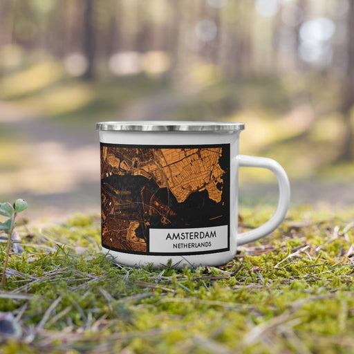 Right View Custom Amsterdam Netherlands Map Enamel Mug in Ember on Grass With Trees in Background