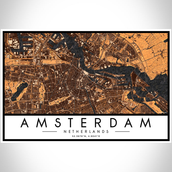 Amsterdam Netherlands Map Print Landscape Orientation in Ember Style With Shaded Background