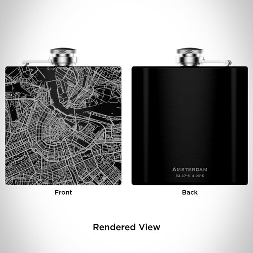Rendered View of Amsterdam Netherlands Map Engraving on 6oz Stainless Steel Flask in Black