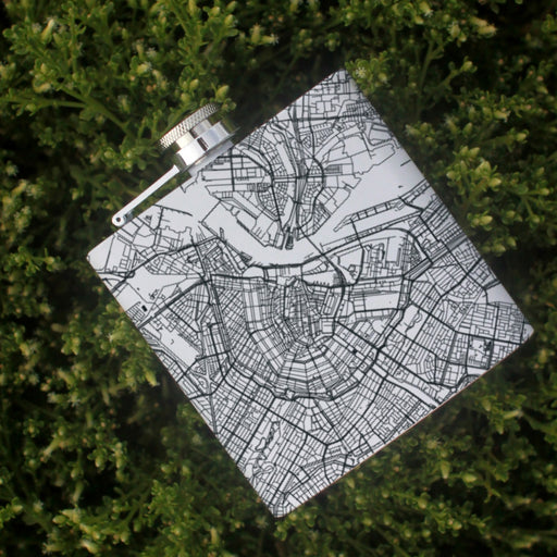 Amsterdam Netherlands Custom Engraved City Map Inscription Coordinates on 6oz Stainless Steel Flask in White