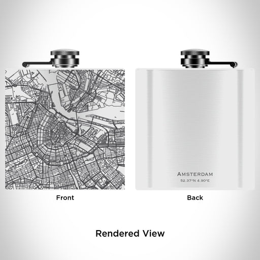 Rendered View of Amsterdam Netherlands Map Engraving on 6oz Stainless Steel Flask in White