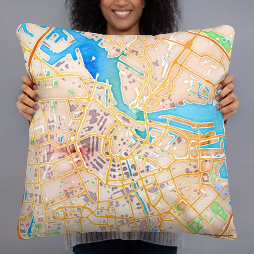 Person holding 22x22 Custom Amsterdam Netherlands Map Throw Pillow in Watercolor