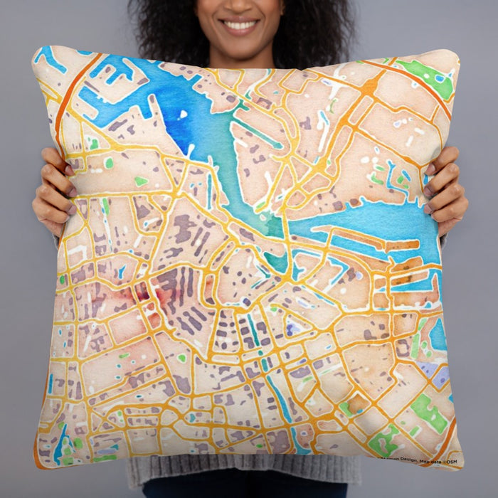 Person holding 22x22 Custom Amsterdam Netherlands Map Throw Pillow in Watercolor