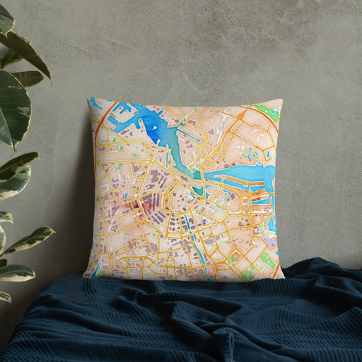 Custom Amsterdam Netherlands Map Throw Pillow in Watercolor on Bedding Against Wall