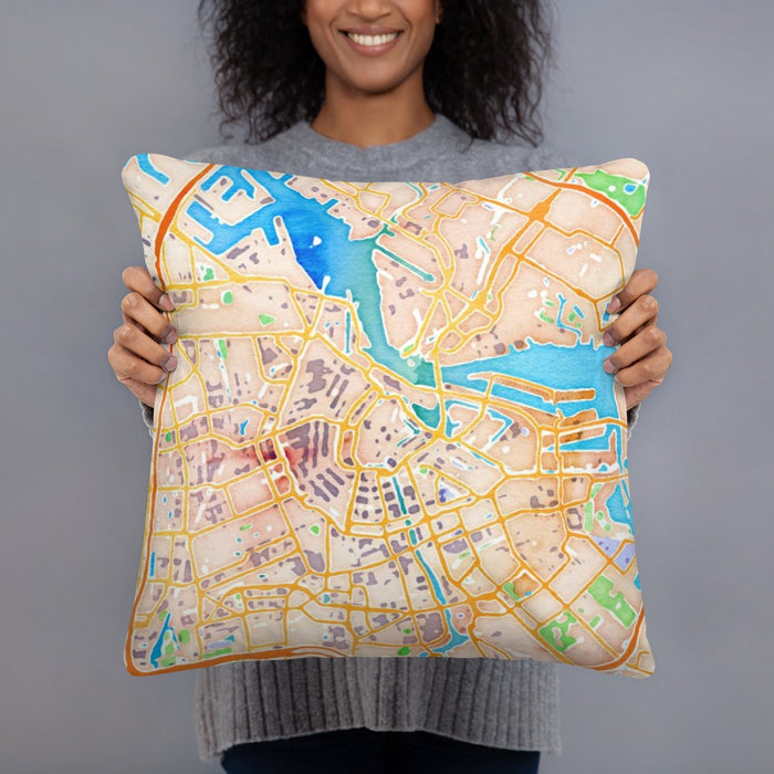 Person holding 18x18 Custom Amsterdam Netherlands Map Throw Pillow in Watercolor