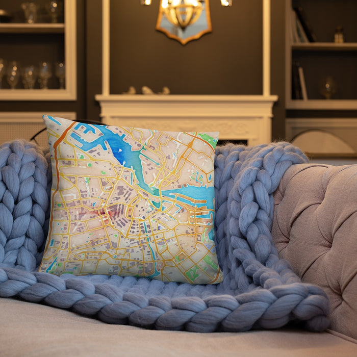 Custom Amsterdam Netherlands Map Throw Pillow in Watercolor on Cream Colored Couch