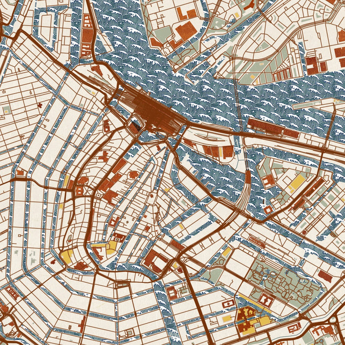 Amsterdam Netherlands Map Print in Woodblock Style Zoomed In Close Up Showing Details