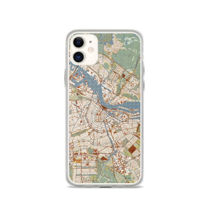 Custom iPhone 11 Amsterdam Netherlands Map Phone Case in Woodblock