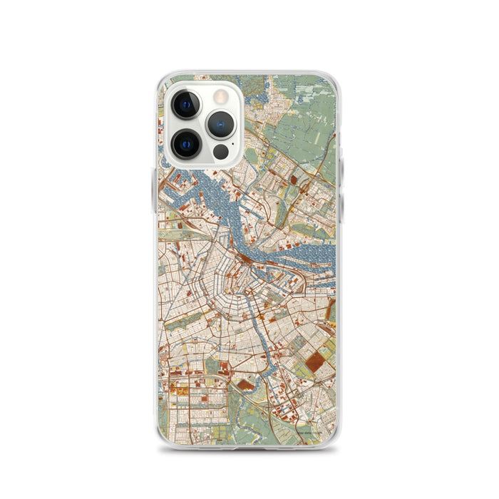 Custom iPhone 12 Pro Amsterdam Netherlands Map Phone Case in Woodblock