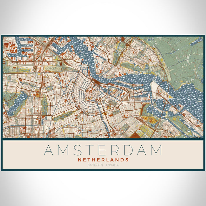Amsterdam Netherlands Map Print Landscape Orientation in Woodblock Style With Shaded Background