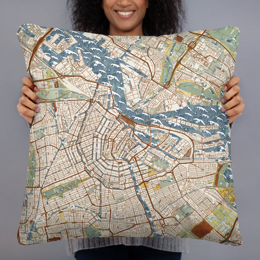 Person holding 22x22 Custom Amsterdam Netherlands Map Throw Pillow in Woodblock