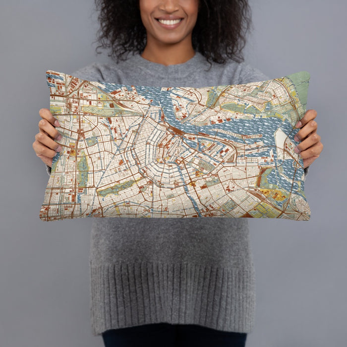 Person holding 20x12 Custom Amsterdam Netherlands Map Throw Pillow in Woodblock