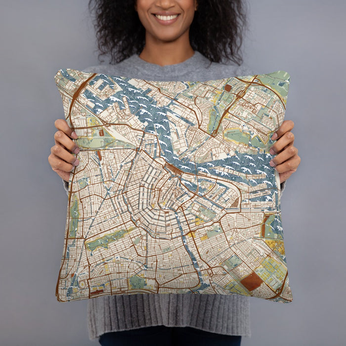 Person holding 18x18 Custom Amsterdam Netherlands Map Throw Pillow in Woodblock