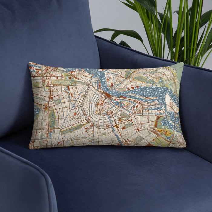 Custom Amsterdam Netherlands Map Throw Pillow in Woodblock on Blue Colored Chair
