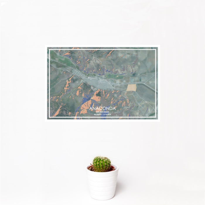 12x18 Anaconda Montana Map Print Landscape Orientation in Afternoon Style With Small Cactus Plant in White Planter