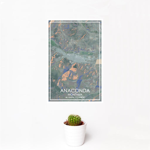 12x18 Anaconda Montana Map Print Portrait Orientation in Afternoon Style With Small Cactus Plant in White Planter