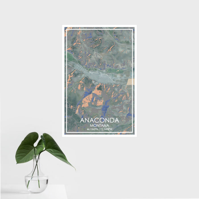 16x24 Anaconda Montana Map Print Portrait Orientation in Afternoon Style With Tropical Plant Leaves in Water