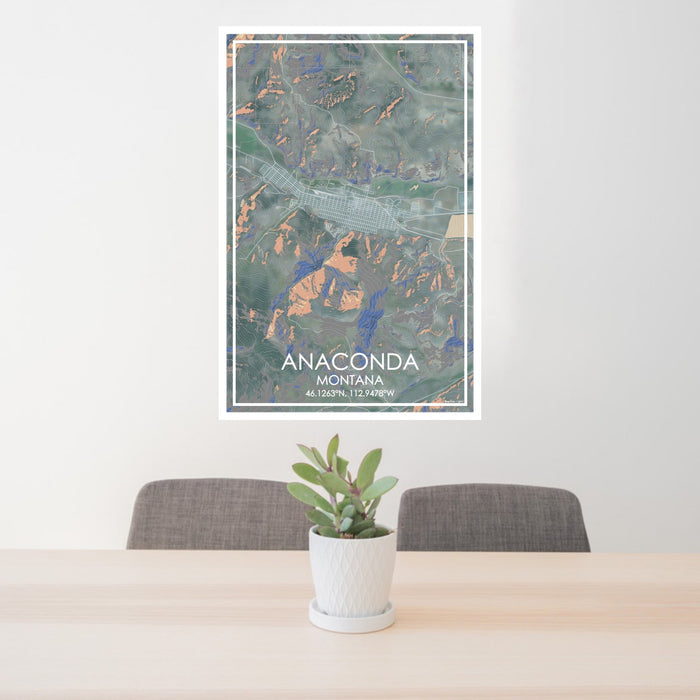 24x36 Anaconda Montana Map Print Portrait Orientation in Afternoon Style Behind 2 Chairs Table and Potted Plant