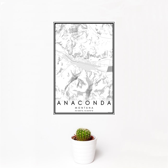 12x18 Anaconda Montana Map Print Portrait Orientation in Classic Style With Small Cactus Plant in White Planter