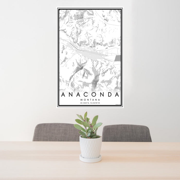 24x36 Anaconda Montana Map Print Portrait Orientation in Classic Style Behind 2 Chairs Table and Potted Plant