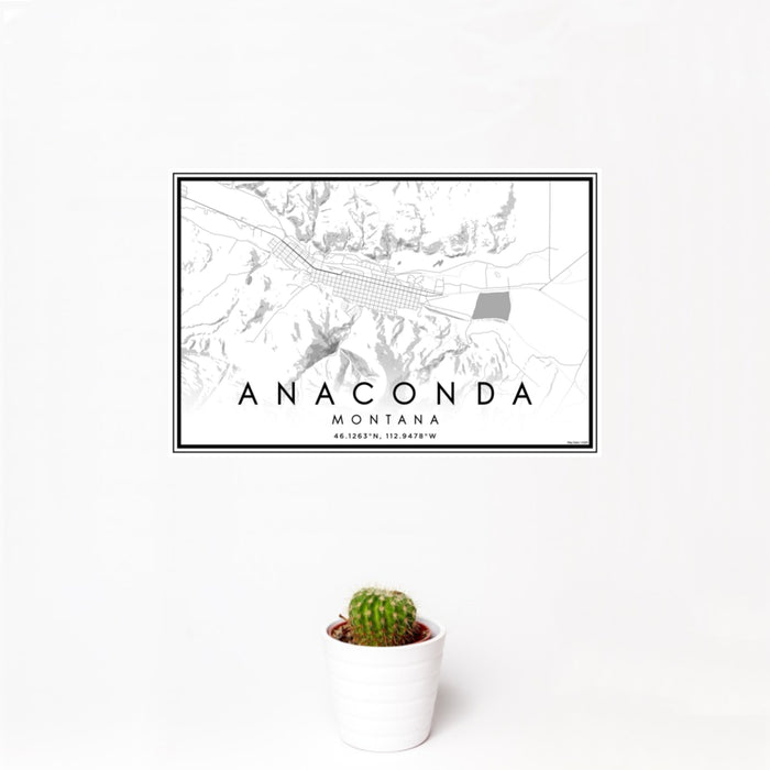 12x18 Anaconda Montana Map Print Landscape Orientation in Classic Style With Small Cactus Plant in White Planter