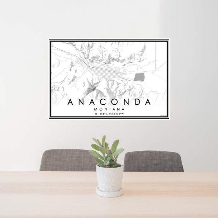 24x36 Anaconda Montana Map Print Landscape Orientation in Classic Style Behind 2 Chairs Table and Potted Plant