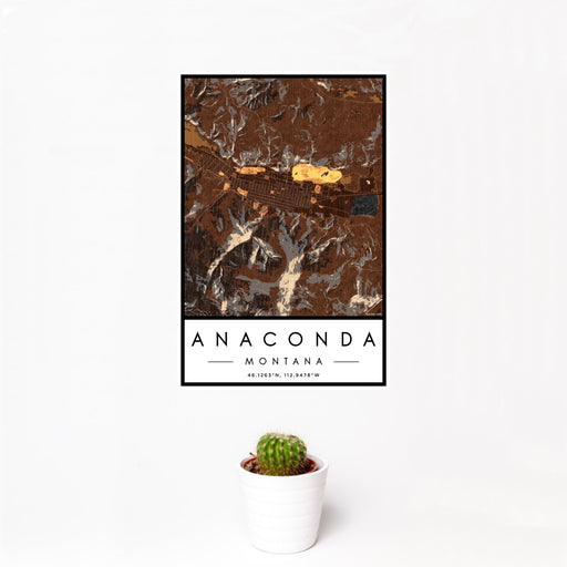 12x18 Anaconda Montana Map Print Portrait Orientation in Ember Style With Small Cactus Plant in White Planter