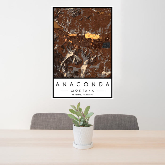 24x36 Anaconda Montana Map Print Portrait Orientation in Ember Style Behind 2 Chairs Table and Potted Plant