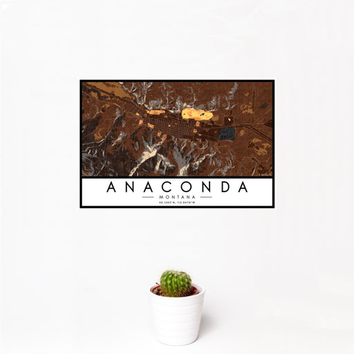 12x18 Anaconda Montana Map Print Landscape Orientation in Ember Style With Small Cactus Plant in White Planter