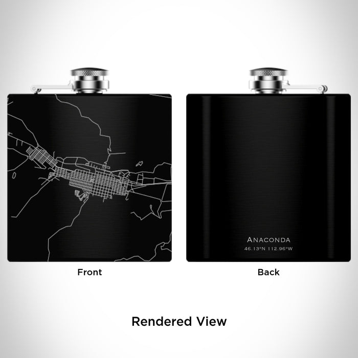 Rendered View of Anaconda Montana Map Engraving on 6oz Stainless Steel Flask in Black