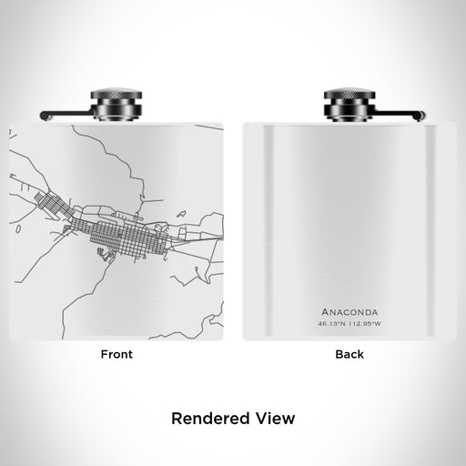 Rendered View of Anaconda Montana Map Engraving on 6oz Stainless Steel Flask in White