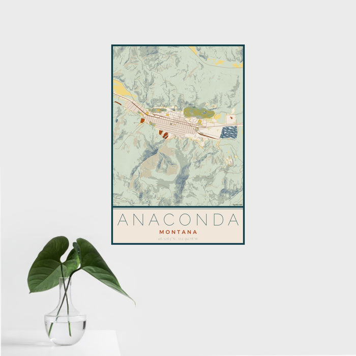 16x24 Anaconda Montana Map Print Portrait Orientation in Woodblock Style With Tropical Plant Leaves in Water